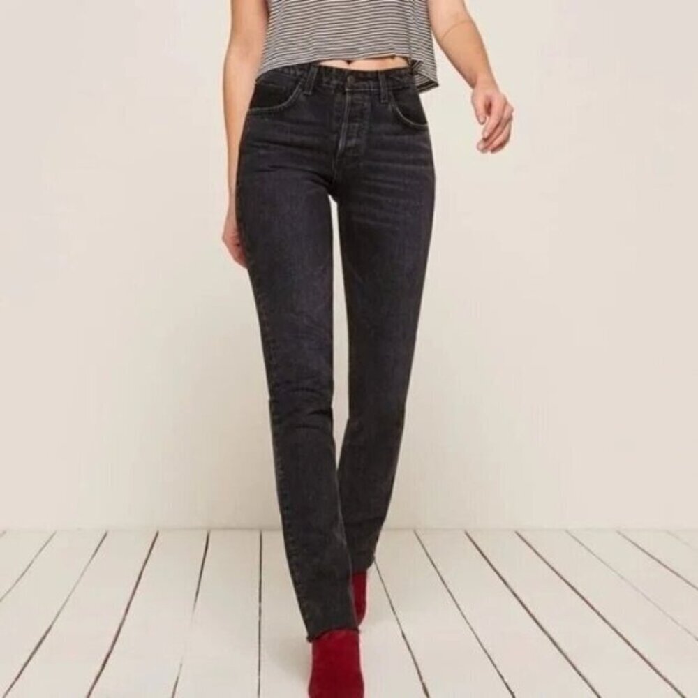 Reformation Brooke Black High Straight Raw Hem Jeans Size 28